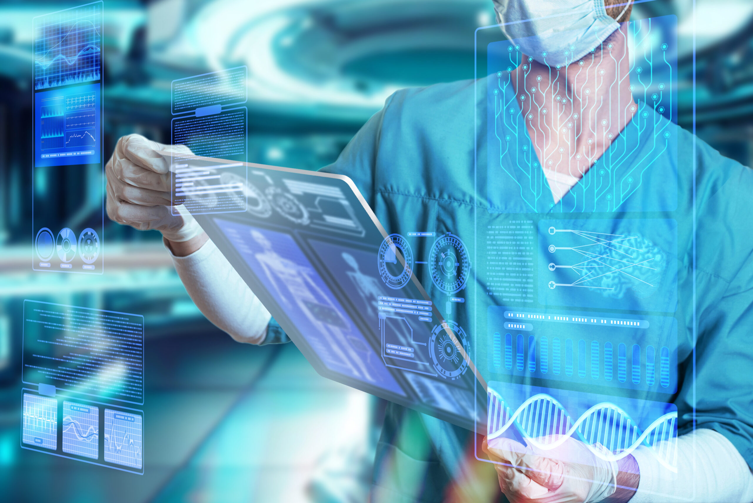 Doctor surgeon in medical apparel working with Futuristic Hologr